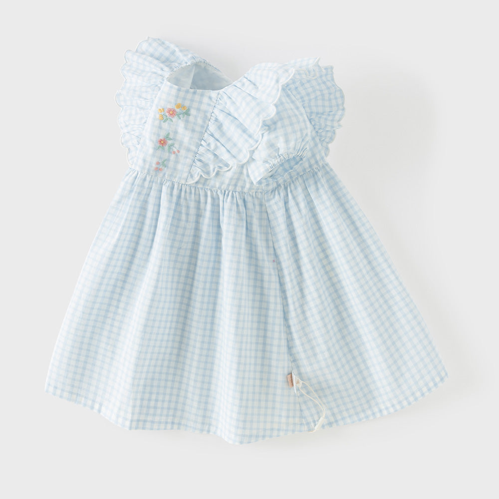 Dave&Bella Summer Toddler Girls Blue Plaid Flower Embroidery Elegant Party A-Line Dress