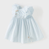 Dave&Bella Summer Toddler Girls Blue Plaid Flower Embroidery Elegant Party A-Line Dress