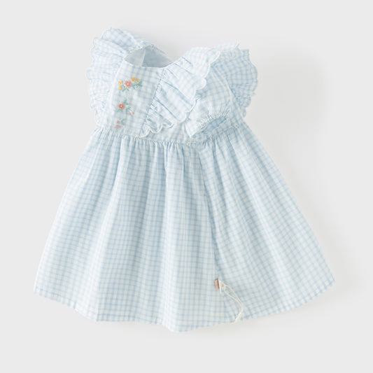 Dave&Bella Summer Toddler Girls Blue Plaid Flower Embroidery Elegant Party A-Line Dress