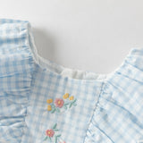 Dave&Bella Summer Toddler Girls Blue Plaid Flower Embroidery Elegant Party A-Line Dress