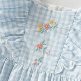 Dave&Bella Summer Toddler Girls Blue Plaid Flower Embroidery Elegant Party A-Line Dress
