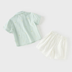 Dave&Bella Summer Toddler Boys Green Coconut Tree Print Turndown Collar Outfit Sets