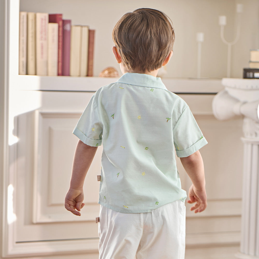 Dave&Bella Summer Toddler Boys Green Coconut Tree Print Turndown Collar Outfit Sets