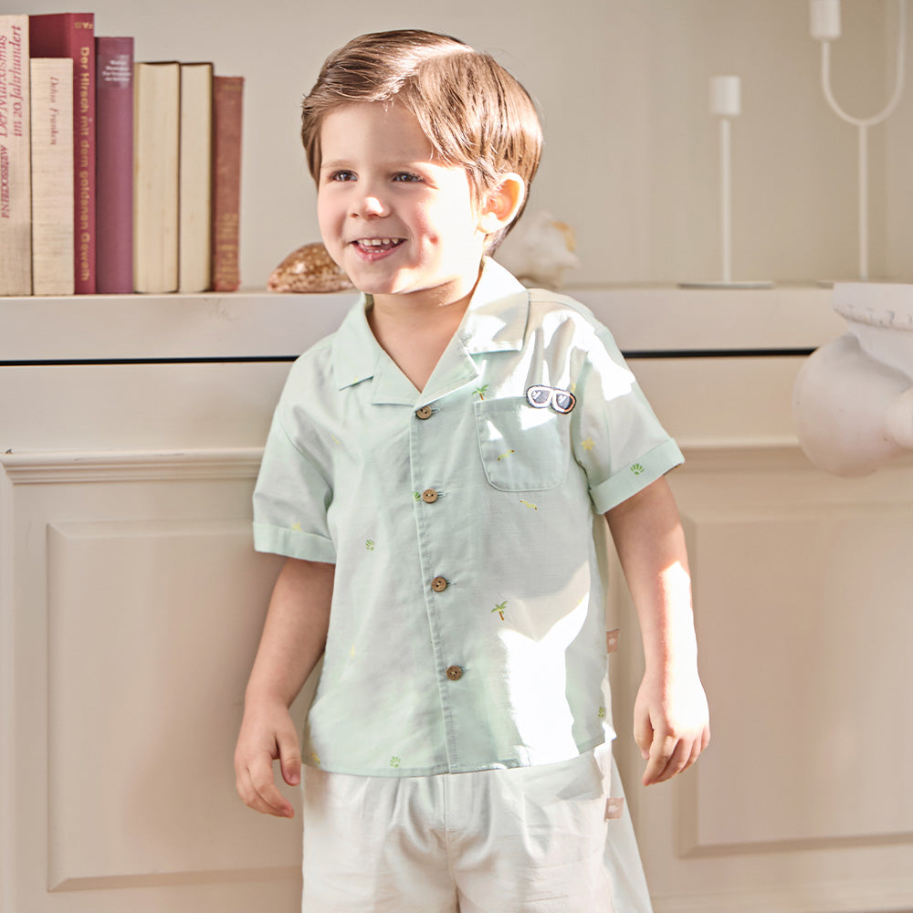 Dave&Bella Summer Toddler Boys Green Coconut Tree Print Turndown Collar Outfit Sets