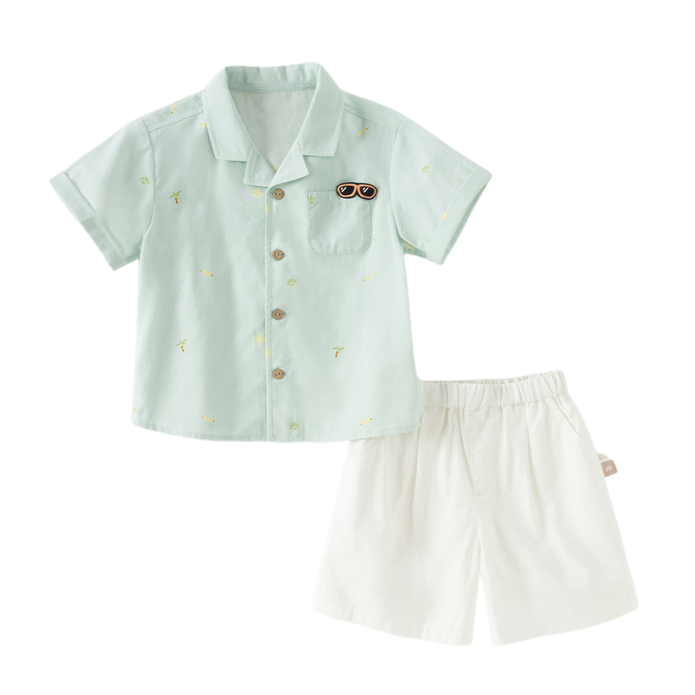 Dave&Bella Summer Toddler Boys Green Coconut Tree Print Turndown Collar Outfit Sets