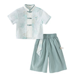 Dave&Bella Toddler Boys Summer Green Chinese-style Turtle Neck Top Pant Suits