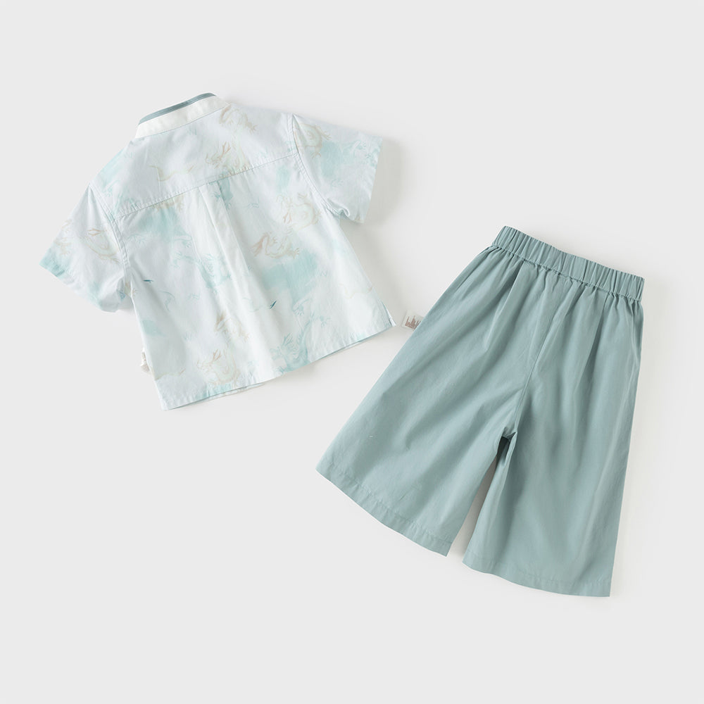 Dave&Bella Toddler Boys Summer Green Chinese-style Turtle Neck Top Pant Suits