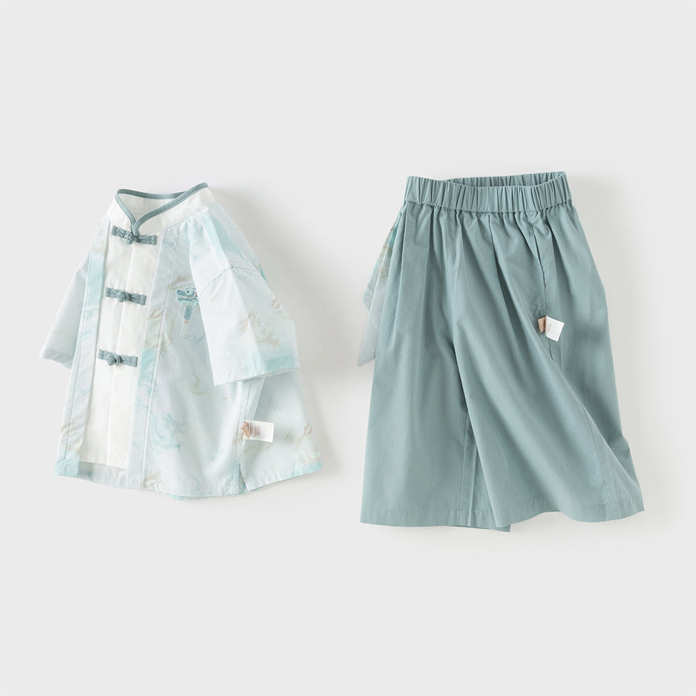 Dave&Bella Toddler Boys Summer Green Chinese-style Turtle Neck Top Pant Suits