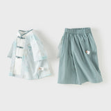 Dave&Bella Toddler Boys Summer Green Chinese-style Turtle Neck Top Pant Suits