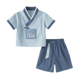 Dave&Bella Toddler Boys Summer Blue Chinese-style V-neck Lightweight Outfit Sets