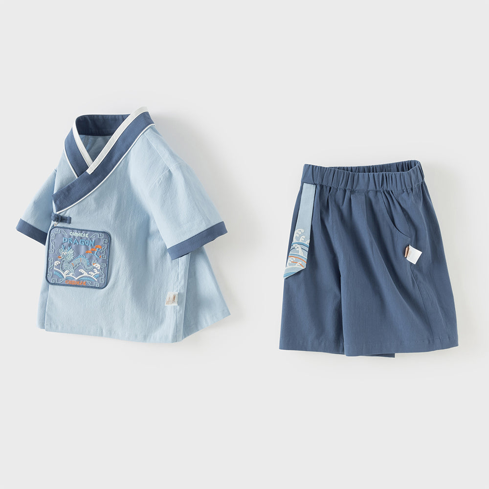 Dave&Bella Toddler Boys Summer Blue Chinese-style V-neck Lightweight Outfit Sets