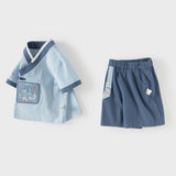 Dave&Bella Toddler Boys Summer Blue Chinese-style V-neck Lightweight Outfit Sets