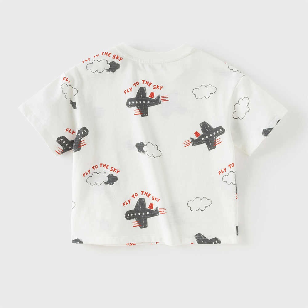 Dave&Bella Toddler Boys Summer Beige/Dark Blue Stylish Print Casual T-shirts
