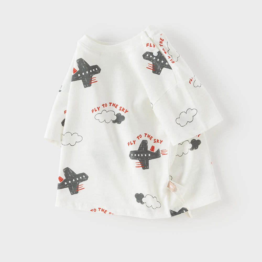 Dave&Bella Toddler Boys Summer Beige/Dark Blue Stylish Print Casual T-shirts