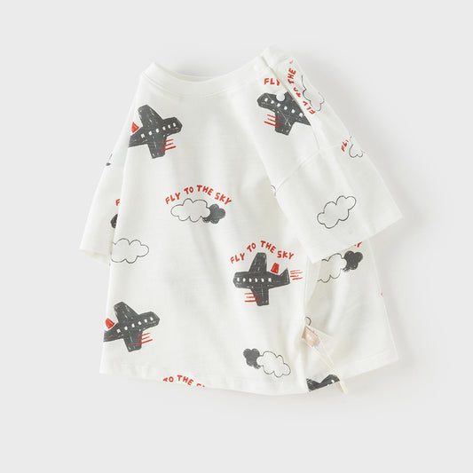 Dave&Bella Toddler Boys Summer Beige/Dark Blue Stylish Print Casual T-shirts