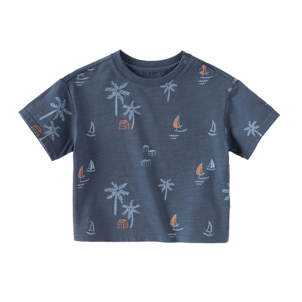 Dave&Bella Toddler Boys Summer Beige/Dark Blue Stylish Print Casual T-shirts