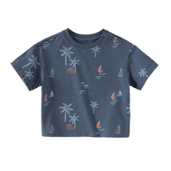 Dave&Bella Toddler Boys Summer Beige/Dark Blue Stylish Print Casual T-shirts