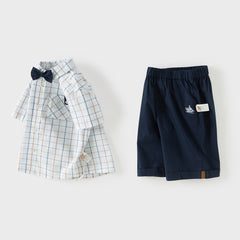 Dave&Bella Toddler Boys Summer Blue Plaid College-style Formal Short Sleeve Outfit Sets