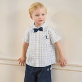Dave&Bella Toddler Boys Summer Blue Plaid College-style Formal Short Sleeve Outfit Sets