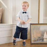 Dave&Bella Toddler Boys Summer Blue Plaid College-style Formal Short Sleeve Outfit Sets