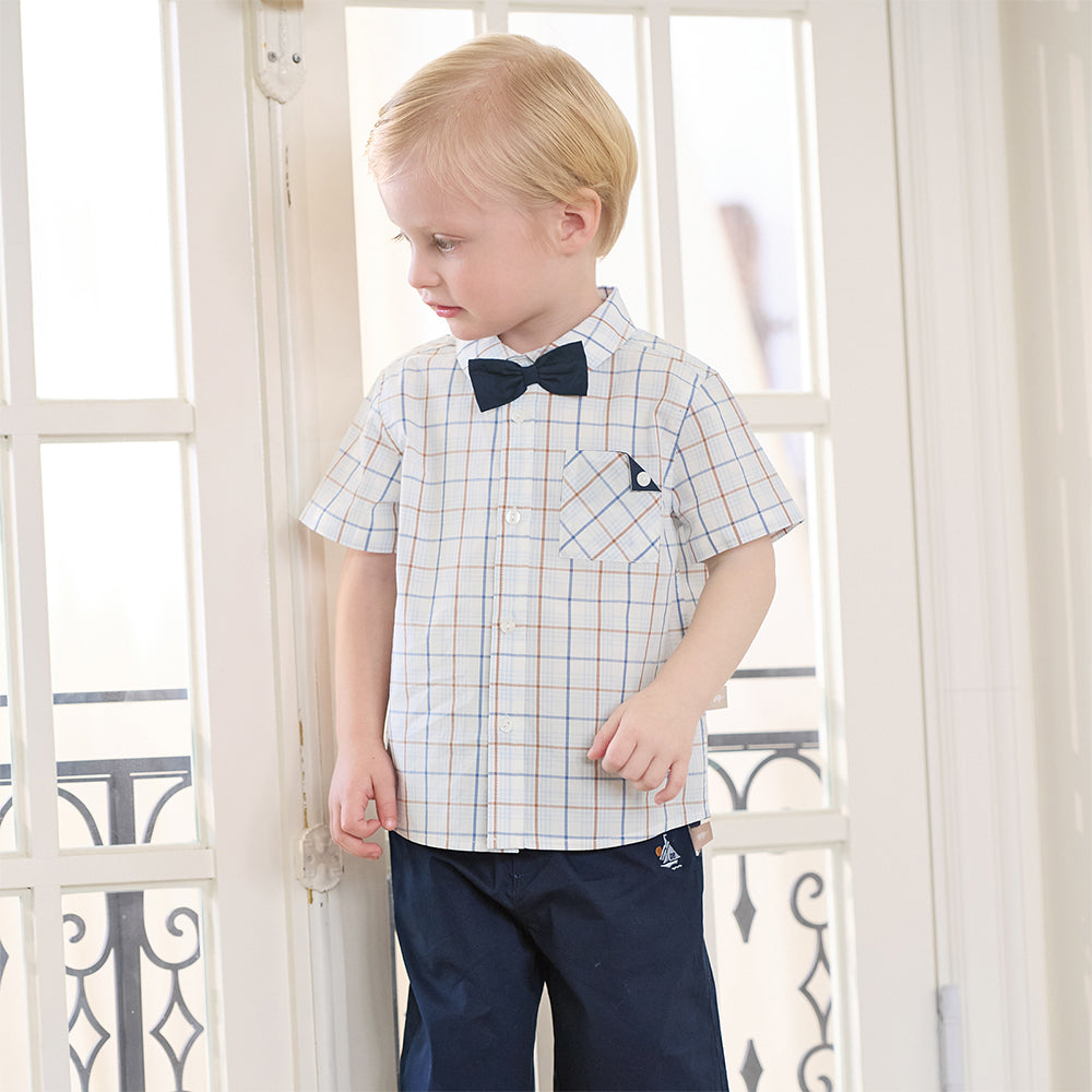 Dave&Bella Toddler Boys Summer Blue Plaid College-style Formal Short Sleeve Outfit Sets
