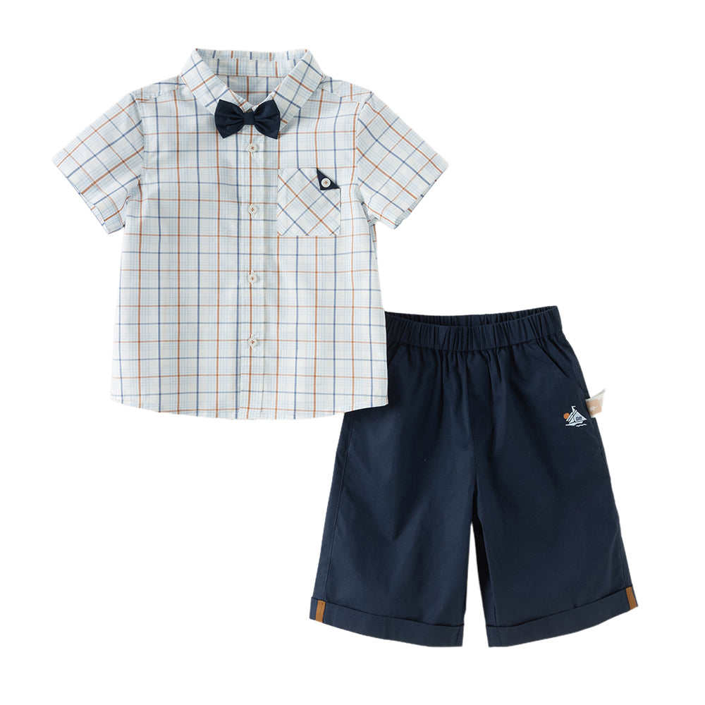 Dave&Bella Toddler Boys Summer Blue Plaid College-style Formal Short Sleeve Outfit Sets