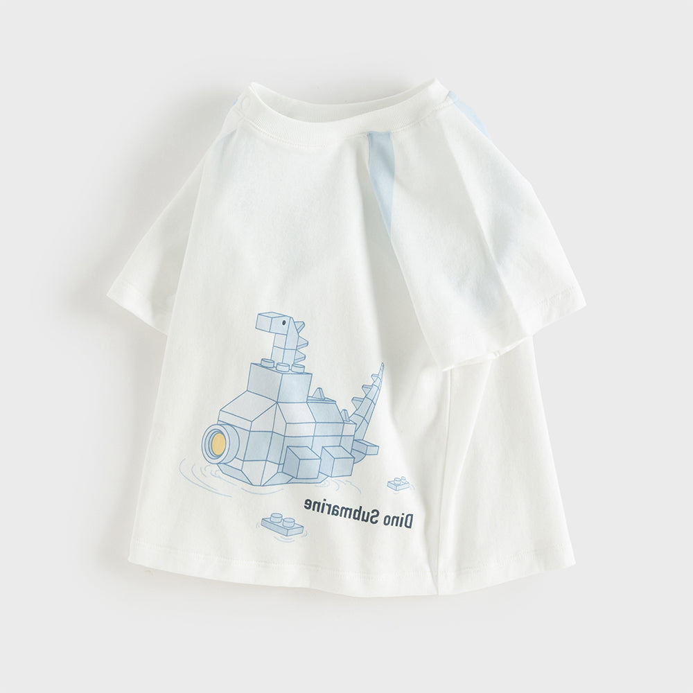 Dave&Bella Toddler Boys Summer White/Apricot Cartoon Print Soft Cotton T-shirts