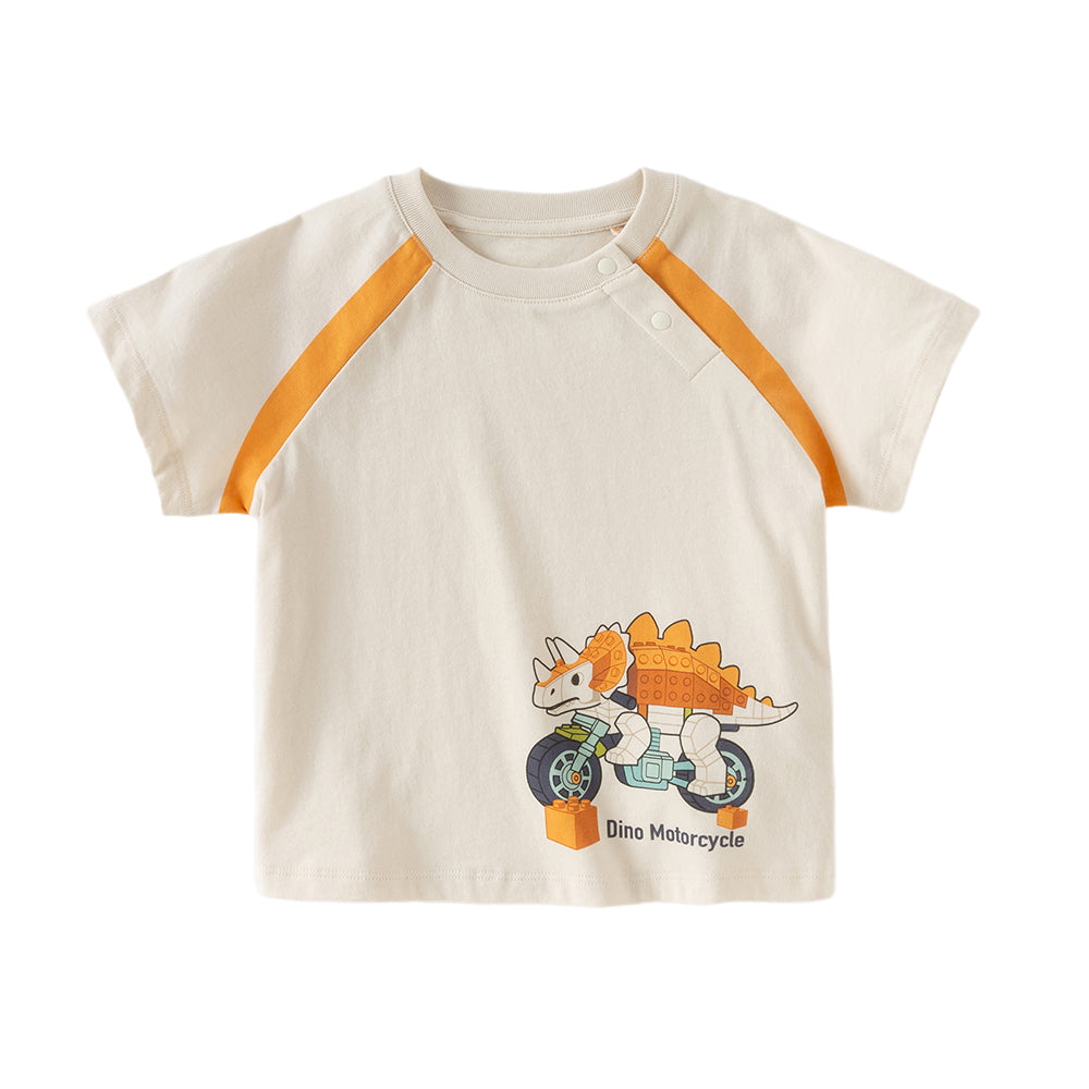 Dave&Bella Toddler Boys Summer White/Apricot Cartoon Print Soft Cotton T-shirts