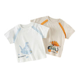 Dave&Bella Toddler Boys Summer White/Apricot Cartoon Print Soft Cotton T-shirts