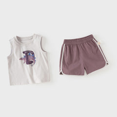 Dave&Bella Summer Toddler Boys Gray Desgin Print Comfortable Tank Top Shorts Sets