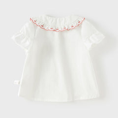 Dave&Bella Toddler Girls Summer Cherry Embroidery Breathable Cotton Sweet Shirts