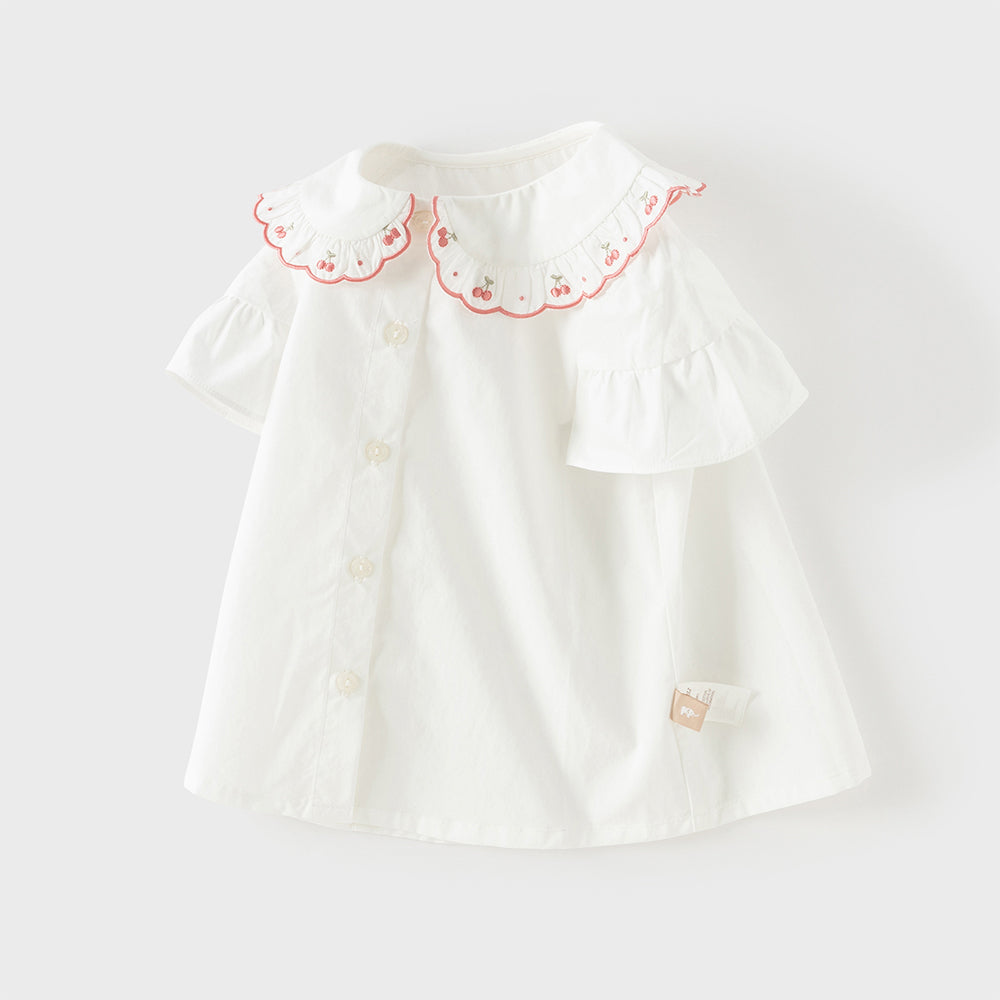 Dave&Bella Toddler Girls Summer Cherry Embroidery Breathable Cotton Sweet Shirts