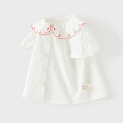 Dave&Bella Toddler Girls Summer Cherry Embroidery Breathable Cotton Sweet Shirts