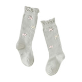 Dave&Bella Children Girls Summer Beige/Light Grey Bow Lightweight Sweet Mid-calf Socks
