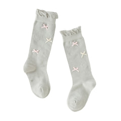 Dave&Bella Children Girls Summer Beige/Light Grey Bow Lightweight Sweet Mid-calf Socks