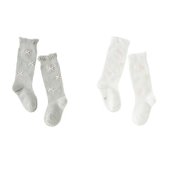 Dave&Bella Children Girls Summer Beige/Light Grey Bow Lightweight Sweet Mid-calf Socks