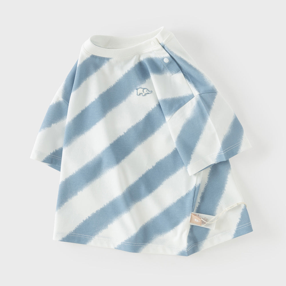 Dave&Bella Summer Toddler Boys Everyday Blue White Striped Round Collar Casual T-shirts