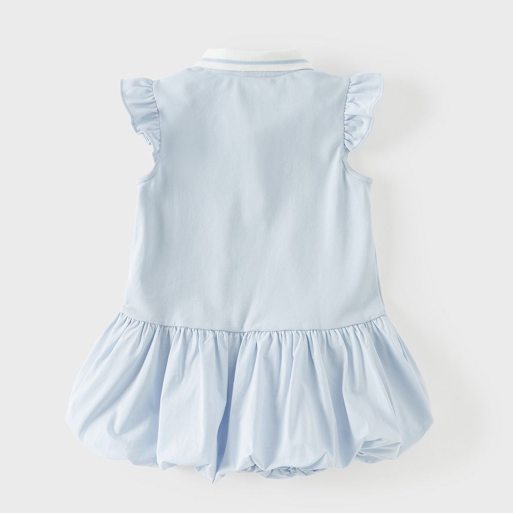 Dave&Bella Summer Toddles Girls Blue Polo Collar Flutter Sleeve Embroidery A-line Dress
