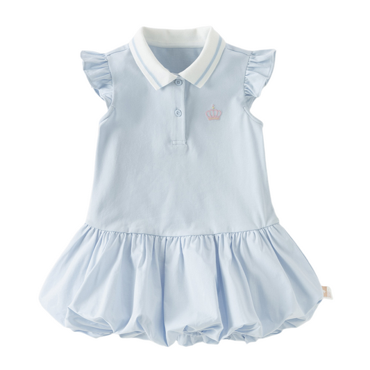 Dave&Bella Summer Toddles Girls Blue Polo Collar Flutter Sleeve Embroidery A-line Dress