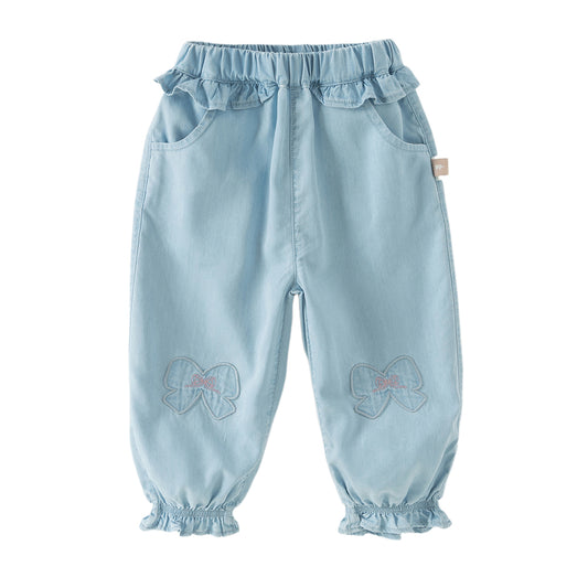Dave&Bella Toddler Girls Summer Light Blue Bow Loose Comfortable Jogger Jeans