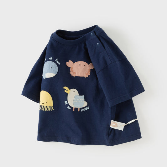 Dave&Bella Summer Toddler Boys Dark Blue Playful Animal Print Breathable Cotton T-shirts