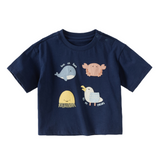 Dave&Bella Summer Toddler Boys Dark Blue Playful Animal Print Breathable Cotton T-shirts