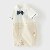 Dave&Bella Toddler Boys Summer Khaki Breathable Fake-two-piece Short Sleeve Rompers