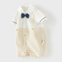 Dave&Bella Toddler Boys Summer Khaki Breathable Fake-two-piece Short Sleeve Rompers