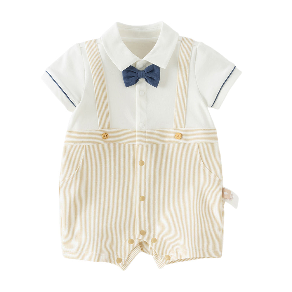 Dave&Bella Toddler Boys Summer Khaki Breathable Fake-two-piece Short Sleeve Rompers