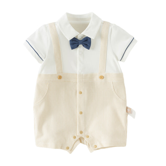 Dave&Bella Toddler Boys Summer Khaki Breathable Fake-two-piece Short Sleeve Rompers