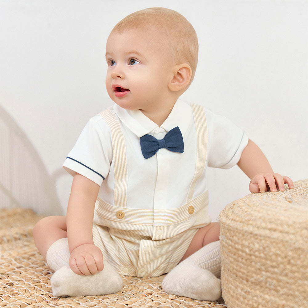 Dave&Bella Toddler Boys Summer Khaki Breathable Fake-two-piece Short Sleeve Rompers