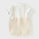 Dave&Bella Toddler Boys Summer Khaki Breathable Fake-two-piece Short Sleeve Rompers