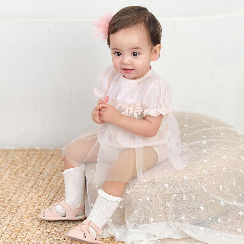 Dave&Bella Summer Baby Girls Pink Floral Print Elegant Mesh A-Line Princess Rompers