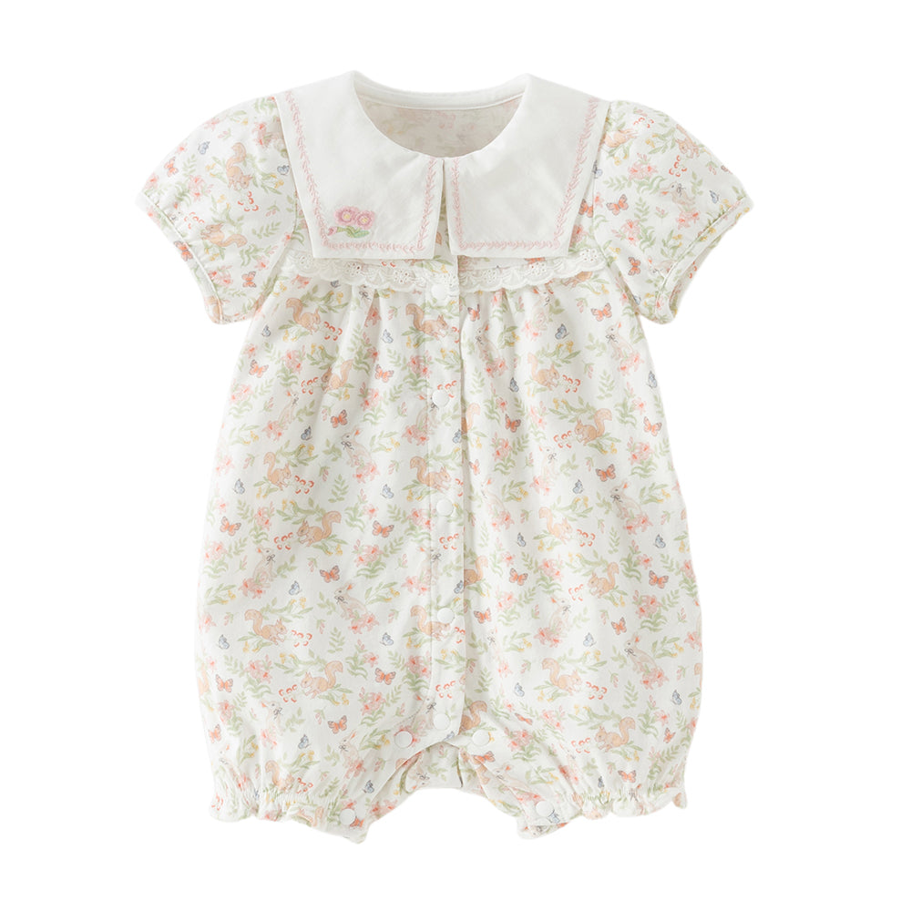 Dave&Bella Baby Girls Summer Cute Squirrel Print Beige Cotton Breathable Indoor Rompers